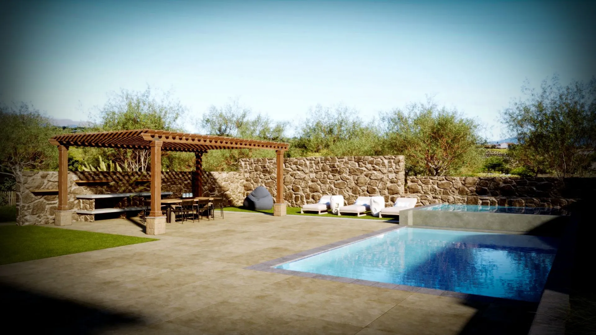 Backyard with pool, pergola, seating, and stone wall.